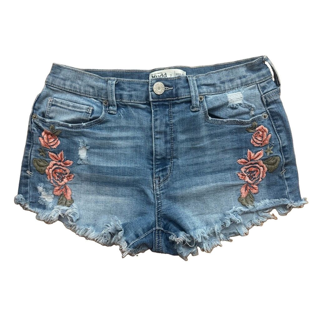 Mudd Shorts FLX Stretch Size 7 High Rise Shortie Denim Rose Embroidered Raw Edge